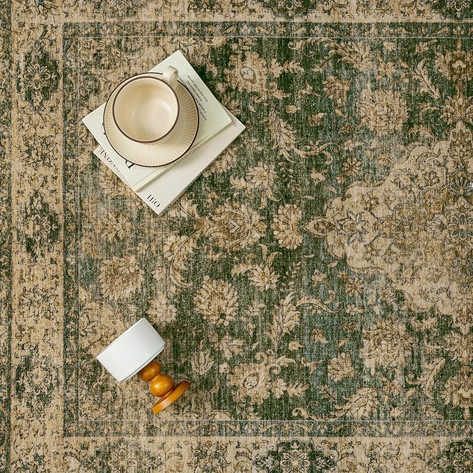 HUGEAR Round Rug 4ft Entryway Rugs Machine Washable Retro Green Hallway Area Rug 4x4 Small Circle Accent Rug Floral Low Pile Carpet Soft Throw Rug Living Room Office Laundry Room Entrance Non Slip