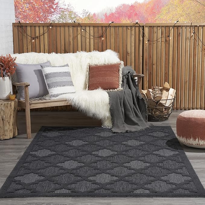 Nourison Home Easy Care Moroccan Charcoal/Black 6' x 9' Area Rug, Trellis, Easy Cleaning, Non Shedding, Bed Room, Living Room, Dining Room, Backyard, Deck, Patio (6x9)