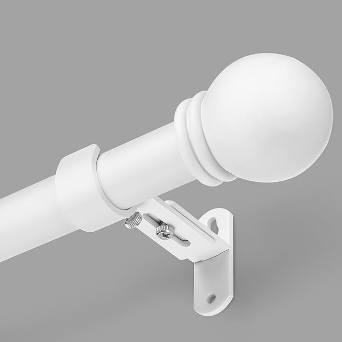 Curtain Rods for Windows 16 to 48 Inches, Curtain Rod Max Adjustable Length of 60 IN, 1" Diameter Drapery Rods Round Finials, White, Pack of 1