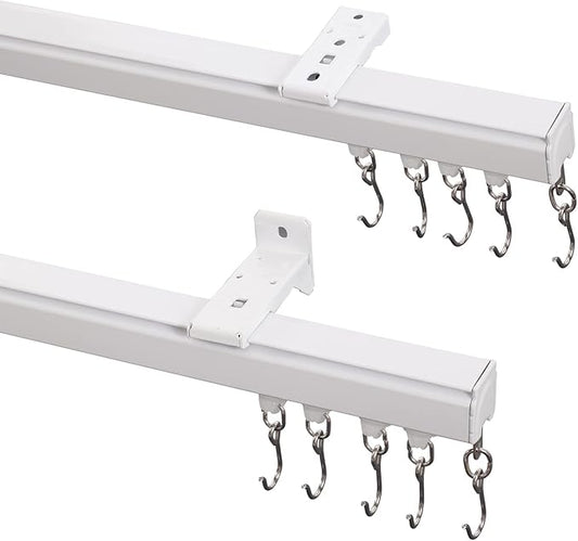 ChadMade Aluminum Ceiling Curtain Track Set with Hooks, 9ft - 12ft Adjustable Length Ceiling/Wall Mount Curtain Rail System For Grommet/Pleated Drape, RV Ceiling Track, White