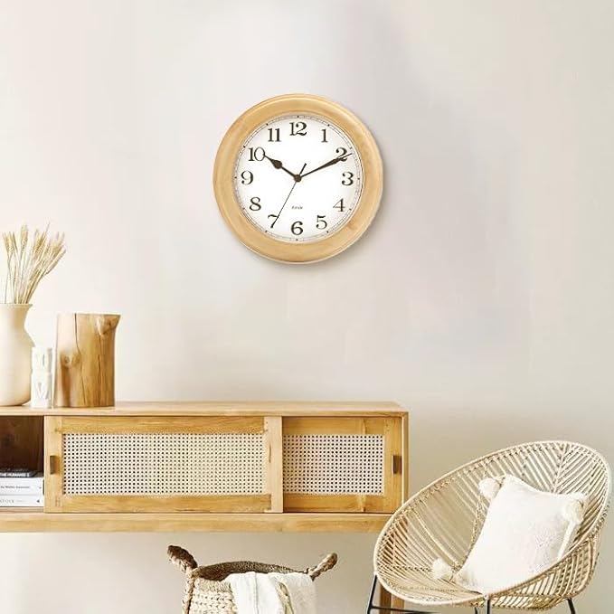 Kesin Wooden Analog Wall Clock, 11 inches Round Wall Clocks Battery Operated Silent Non-Ticking, Large Roman Numerals, Traditional Design for Kitchen Living Room Classroom Gym, Natural Grain