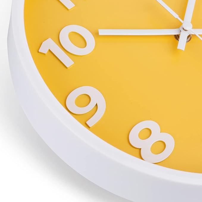 10 Inch Yellow Wall Clock with 3D Big Numbers, Modern Round Silent Non-Ticking Clock, Easy to Read for Kitchen & Office, Bright Housewarming Gifts for Home Decor