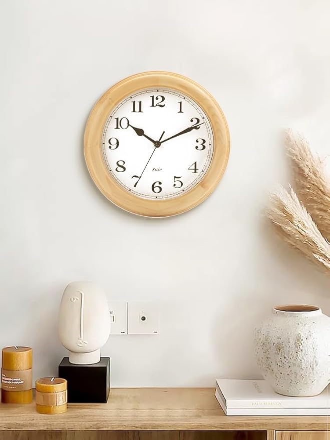 Kesin Wooden Wall Clocks 14 Inch Silent Wall Clock Large Decorative Battery Operated Non Ticking Analog Modern Clock for Living Room Kitchen Bedroom, Natural Grain