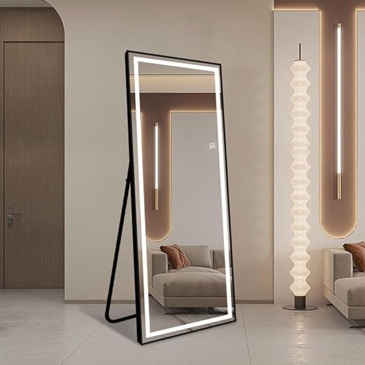 H & A Full Length Mirror with Lights, 65x22''LED Lighted Floor Mirrors Black Frame, Full Body Dressing Hanging Dimmable & 3 Color Modes Floor Standing Mirror