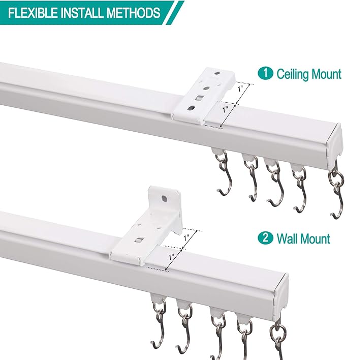ChadMade Aluminum Ceiling Curtain Track Set with Hooks, 9ft - 12ft Adjustable Length Ceiling/Wall Mount Curtain Rail System For Grommet/Pleated Drape, RV Ceiling Track, White