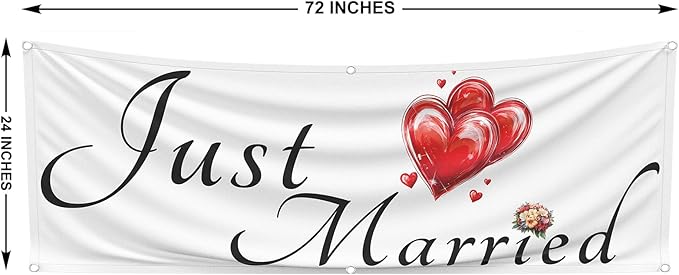 Just Married Flag Banner Outdoor Indoor Decoration Flag 24x72inch Single Stitched Polyester with Brass Grommets (White)