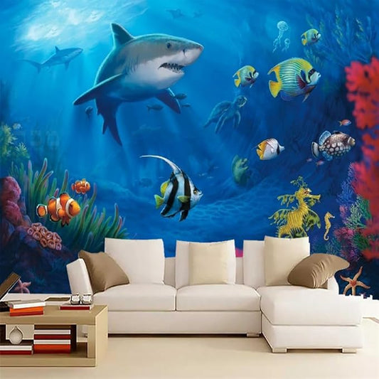 Undersea Animals Custom Mural, Marine Life Waterproof Durable Wrinkle Free Space Decor Art Large Murals for Living Room Tv Sofa Background Wall Sticker Decor,116"W x91"H