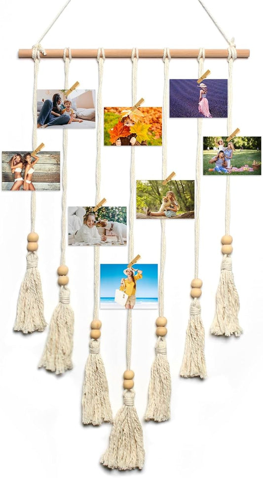 Hanging Photo Display Wall Decor Macrame Wall Hanging Boho Collage Picture Frames Decor for Dorm Bedroom Living Room Teen Girl Gifts-A