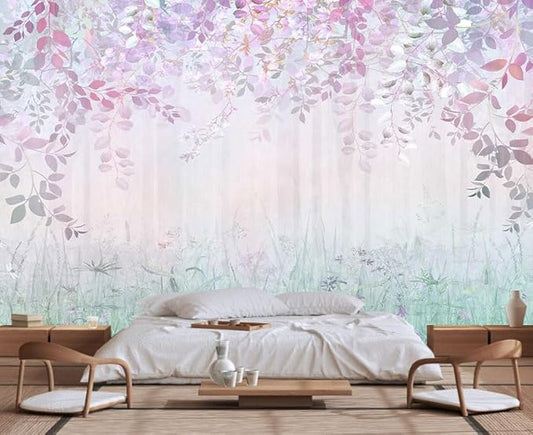 Hazy Pink Leaves and Greenery Wallpaper, Large Art Wall murals for Bedroom, Living Room, Bath Room backdrops(Non-self-Adhesive)