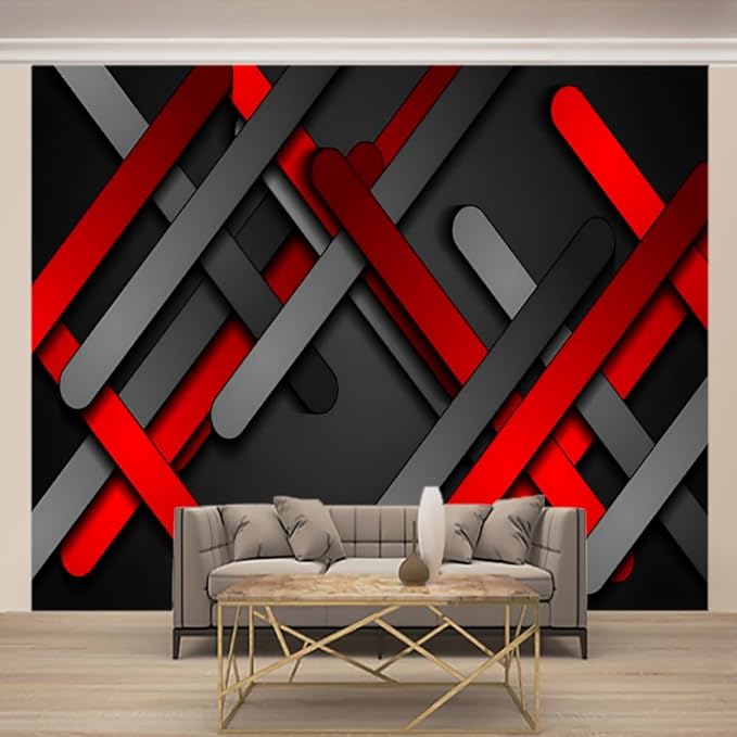 GeRRiT Red and Black Stripes Wall Murals, Geometric Background murals,for Bedroom Decor Living Room tv Background Office Playroom Wall Decors Waterproof Mural-Peel and Stick,157.5""W x110.3""H