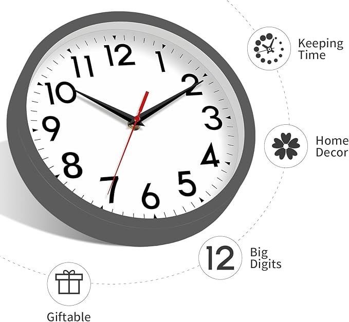 Wall Clock Small Analog 8 Inch Silent Non Ticking Battery Operated Modern Simple Decorative for Kitchen Office Bedroom Bathroom Living Room(Gray)