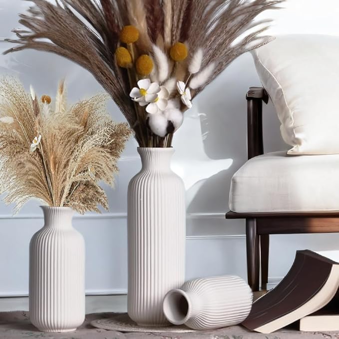 White Ceramic Vase Set of 3,Modern Vase Ribbed Design,Minimalist Decor Flower Vase for Table,Shelf,Farmhouse Vase for Decor（Vertical Ribbed Vase）