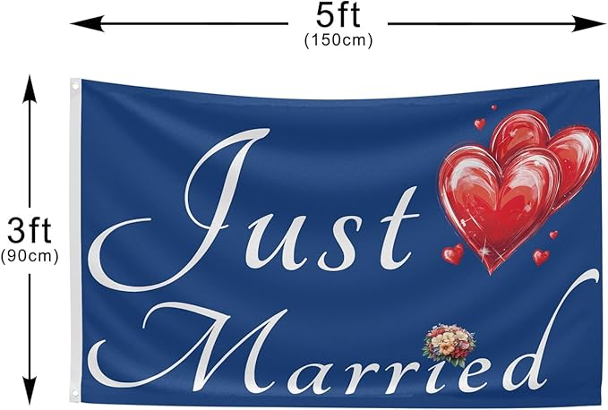 Just Married Flag Banner Outdoor Indoor Decoration Flag 3x5 FT Double Stitched Polyester with Brass Grommets (Blue)