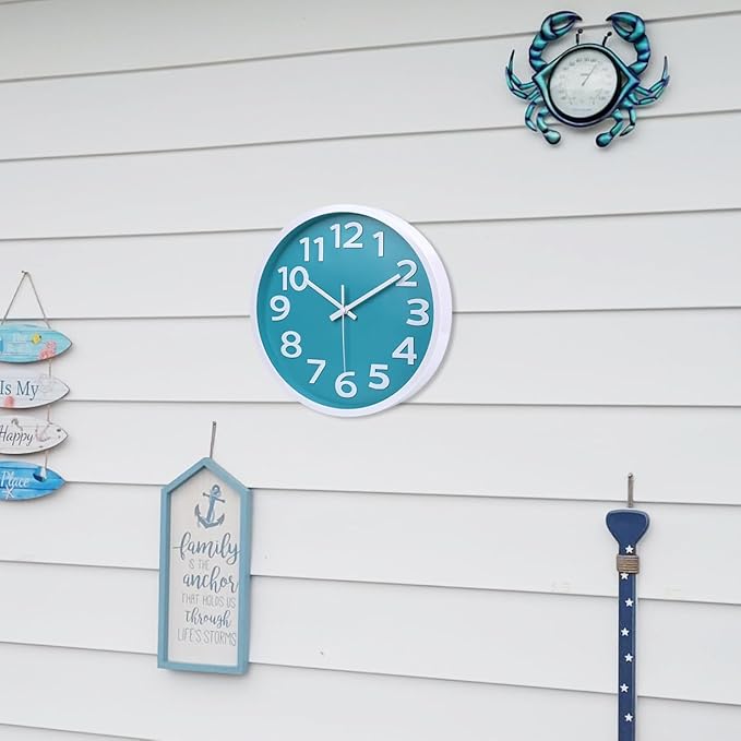 Wall Clock Silent Non Ticking Indoor Outdoor Clock Battery Operated Easy to Read Analog Decorative Clocks for Bedroom Office Home Patio Pool Porch Decor,12 Inch Aqua