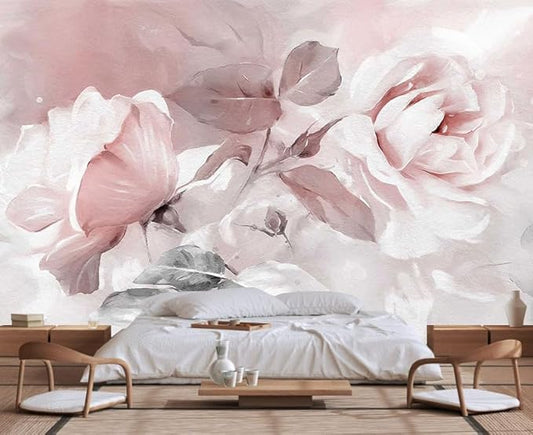 Rose Leaves Oil Painting Wallpaper, Large Wall Background Mural for Bedroom and Living Room(Non-self-Adhesive)