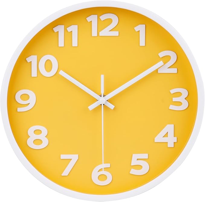 10 Inch Yellow Wall Clock with 3D Big Numbers, Modern Round Silent Non-Ticking Clock, Easy to Read for Kitchen & Office, Bright Housewarming Gifts for Home Decor