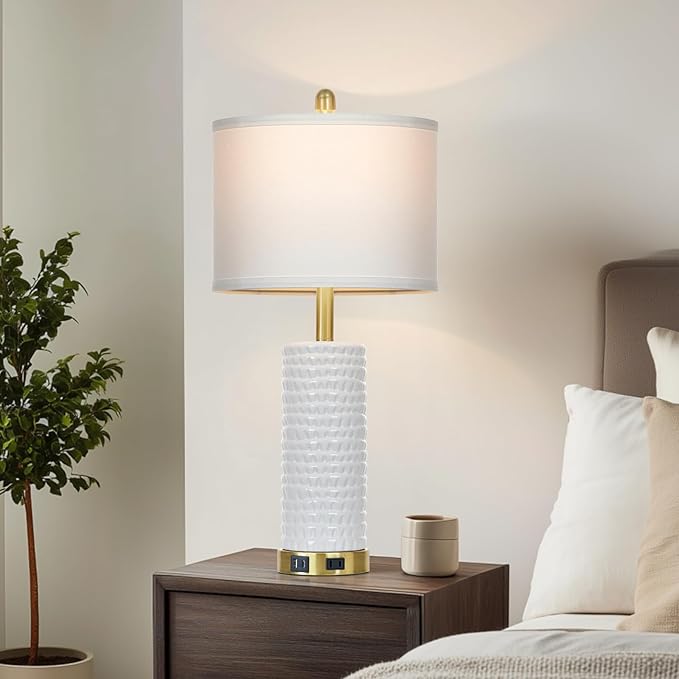 26" White Table Lamps for Living Room Set of 2, Ceramic Bedroom Lamps for Nightstands, Modern Bedside Lamps for Bedroom Living Room, Nightstand Lamps for End Table, Hallway, Gold and White