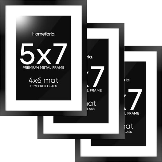 Homeforia 5x7 Picture Frame Black, High End Metal 5 x 7 Black Frames with Mat 4 x 6 for Art, 5x7 Desk Frame Matted to 4x6 inch Photo, 5 by 7 Wall or Tabletop Frames, Tempered Glass, Wall Kit, Set of 3