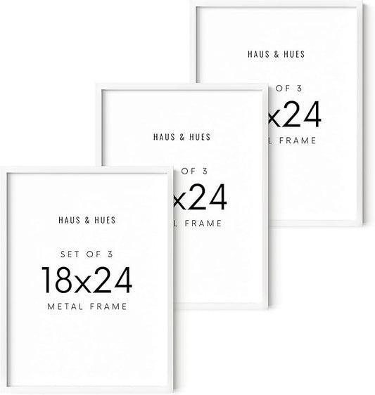 HAUS AND HUES 18x24 White Aluminum Frame Set of 3 - Premium Build, Vertical & Horizontal Hanging, Shatterproof Plexiglass (18x24 in, White)