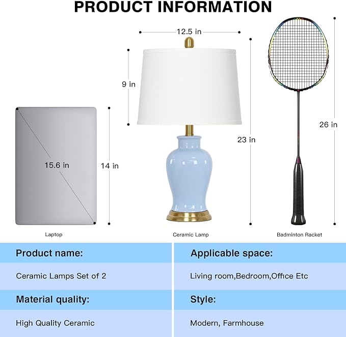 Blue Ceramic Table Lamps Set of 2, 23" Coastal Ceramic Lamps with Ginger Jar Design, Modern Bedside Lamp for Living Room End Table, Elegant Bedroom Lamp for Nightstand Desk Side Home Decor