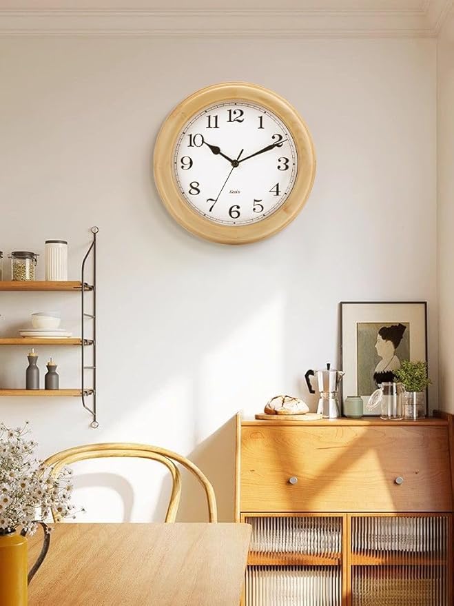 Kesin Wooden Wall Clocks 14 Inch Silent Wall Clock Large Decorative Battery Operated Non Ticking Analog Modern Clock for Living Room Kitchen Bedroom, Natural Grain