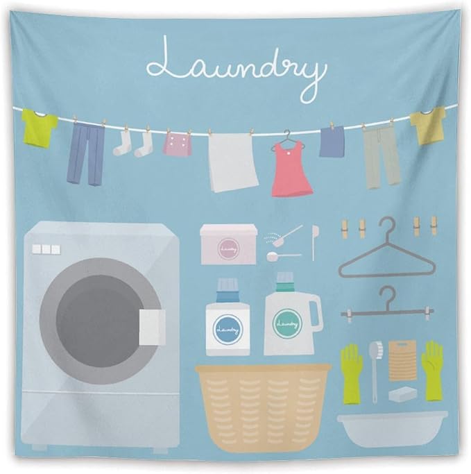 ZhiRain Laundry Room Tapestry Wall Hanging Blue Cartoon Wash Dry Fold Tapestries Home Decor for Living Room Bedroom Farmhouse Apartment Dorm 60"x60"