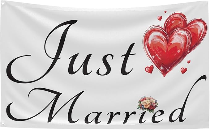 Just Married Flag Banner Outdoor Indoor Decoration Flag 3x5 FT Double Stitched Polyester with Brass Grommets (White)