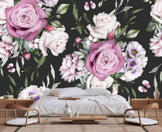 Seamless Pattern of Flowers and Exotic Leaves on a Black Background. Floral Roses and Peonies Wall Mural(Non-self-Adhesive)