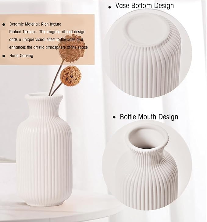 White Ceramic Vase Set of 3,Modern Vase Ribbed Design,Minimalist Decor Flower Vase for Table,Shelf,Farmhouse Vase for Decor（Vertical Ribbed Vase）