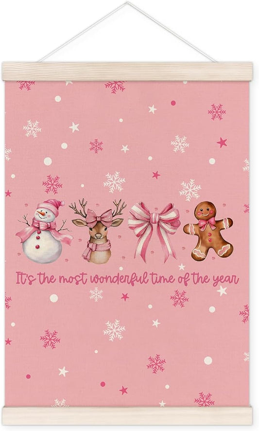 Pink Christmas Poster Hanger with Wood Frame, Preppy Christmas Wall Art Decor for Home, Coquette Pink Bow Snowman Deer Gingerbread Posters for Girly Bedroom Room Dorm Decor, 12x16 Inch