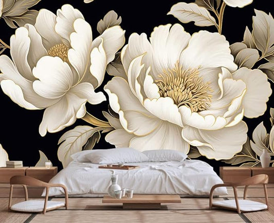 Vintage Peony Buds and Leaves Floral Seamless Pattern Wallpaper for Bedroom, Living Room, Bathroom Wall Backgrounds(Non-self-Adhesive)