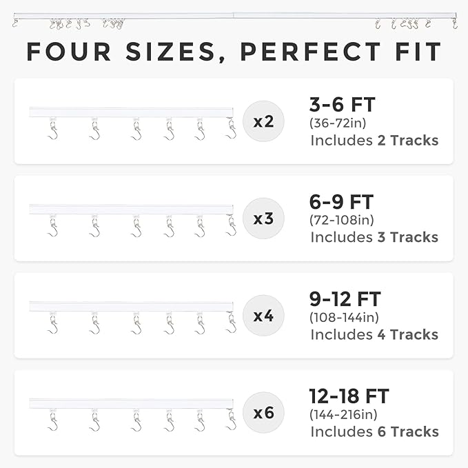 ChadMade Aluminum Ceiling Curtain Track Set with Hooks, 9ft - 12ft Adjustable Length Ceiling/Wall Mount Curtain Rail System For Grommet/Pleated Drape, RV Ceiling Track, White