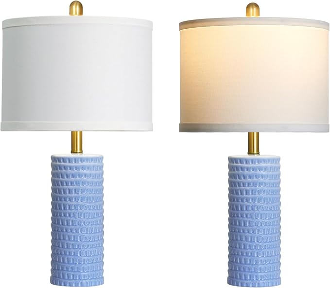 24.5" Table Lamp Set of 2, Modern Ceramic Bedside Lamps for Night Stands, Classic Small Lamp Nightstand Lamp for Bedroom Living Room Desk End Table Rotary Switch Blue