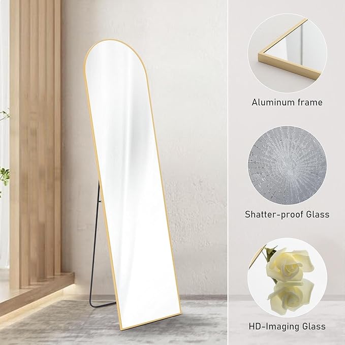 DUMOS Arched Full Length Mirror with Stand Floor Standing Aluminum Frame for Bedroom Body Hanging Leaning Modern Simple Home Decor Shatter-Proorf Nano Glass Wall Living Room Cloakroom Gold 59.1"x15.8"
