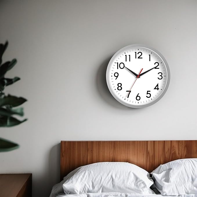 14 Inch Wall Clock Large Battery Operated Big Silent Non Ticking Analog Decorative for Living Room Office Kitchen Outdoor Classroom Bedroom Bathroom School Home(Silver)