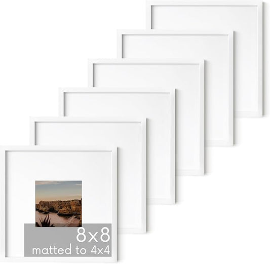 HAUS AND HUES 8x8 White Aluminum Frame Set of 6 - Matted to 4x4, Shatterproof Plexiglass (8x8 in, White)
