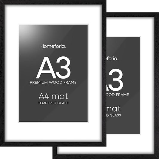 Homeforia A3 Picture Frame Black Wood, High-End Oak 11.7 x 16.5 Black Poster Frames Matted to 8.3 by 11.7 Photo, 11.7x16.5 Size Wooden Frame with Mat 8.3x11.7 Print, Tempered Glass, Wall Kit, Set of 2