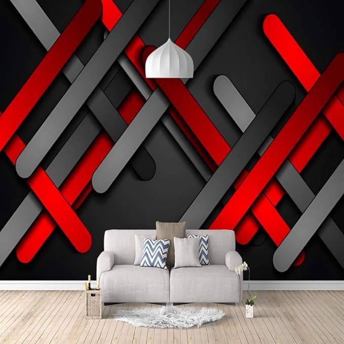 GeRRiT Red and Black Stripes Wall Murals, Geometric Background murals,for Bedroom Decor Living Room tv Background Office Playroom Wall Decors Waterproof Mural-Peel and Stick,157.5""W x110.3""H