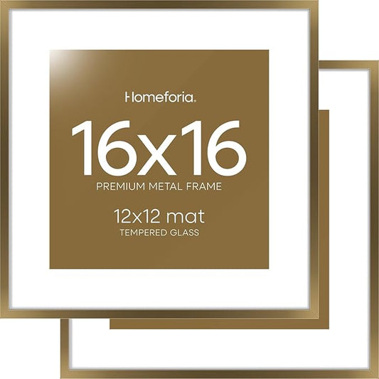 Homeforia 16x16 Picture Bronze Frames, High End Metal 16 x 16 Square Poster Frame with Mat 12 x 12 Photo, 16x16 Brass Frame Matted to 12x12 Print, 16by16 Thin Frames, Tempered Glass, Wall Kit, Set of 2