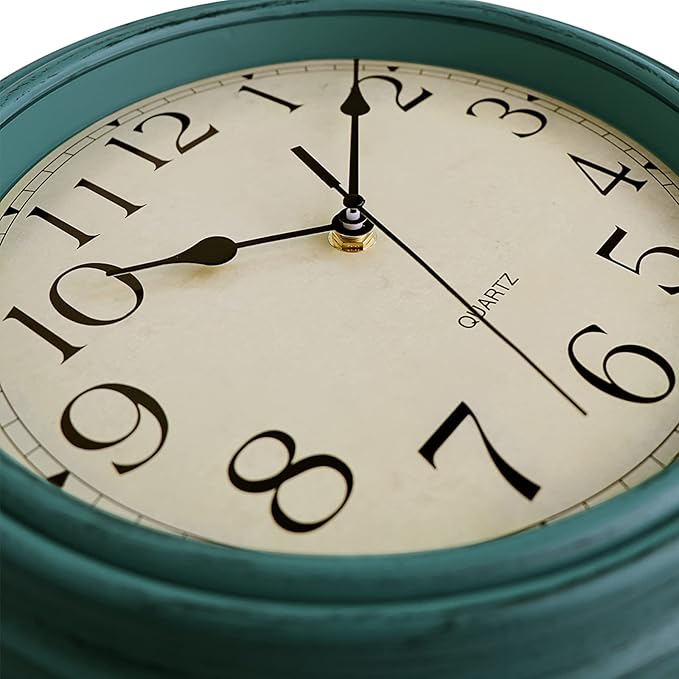 Foxtop Retro Silent Non-Ticking Round Classic Clock 12 Inch Quartz Decorative Battery Operated Wall Clock for Living Room Kitchen Home Office (Turquoise)