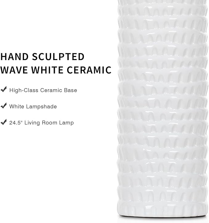 24.5" Modern Ceramic Table Lamps for Living Room ，Farmhouse Nightstand Lamps Set of 2 with White Linen Shade Office Reading Lamp ，Bedroom Lamps for Bedside End Table, Bedroom, Living Room, White