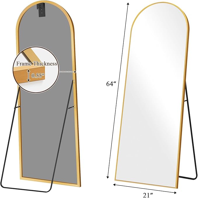 64"x21" Full Length Mirror with Stand, Shatterproof Arched Floor Mirror, Aluminum Alloy Thin Frame - Freestanding/Leaning/Wall Mount for Bedroom, Living Room & Entryway (Gold)