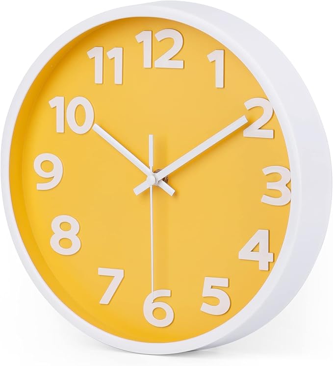 10 Inch Yellow Wall Clock with 3D Big Numbers, Modern Round Silent Non-Ticking Clock, Easy to Read for Kitchen & Office, Bright Housewarming Gifts for Home Decor