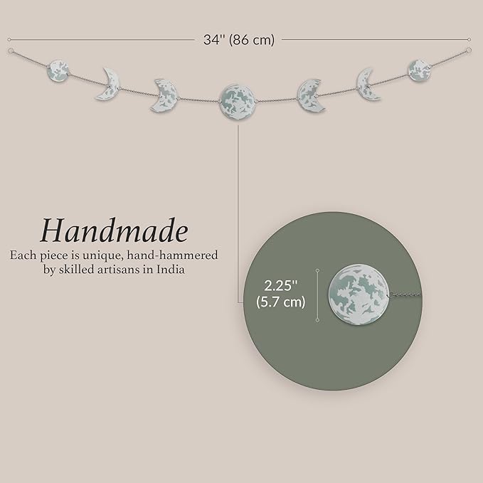 BASE ROOTS Moon Phase Wall Decor, White Gray Wall Art for Bedroom, Bohemian and Astrology, Witchy Aesthetic 34" 7 Phases Metal Moon Wall Banner, Celestial Decoration, Gift for Women & Kids