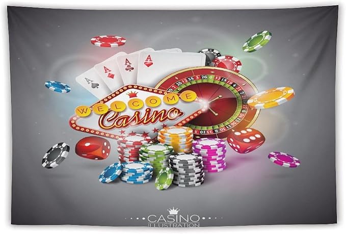 Poker Tournament Tapestry Wall Hanging Casino Colorful Chips And Cards Dice And Roulette Tapestries Home Decor for Living Room Bedroom Farmhouse Apartment Dorm 60"x90"