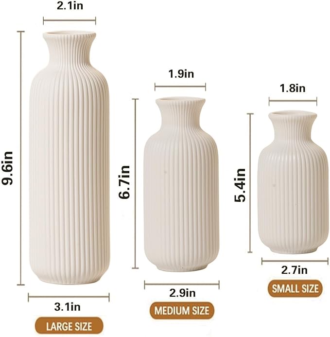 White Ceramic Vase Set of 3,Modern Vase Ribbed Design,Minimalist Decor Flower Vase for Table,Shelf,Farmhouse Vase for Decor（Vertical Ribbed Vase）