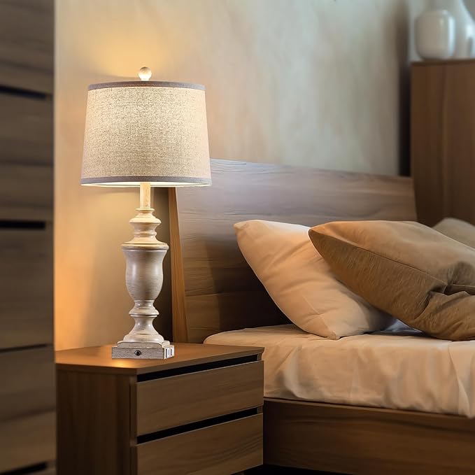 27.5" Set of 2 Farmhouse Table Lamps for Bedroom, 3 Way Dimmable Bedside Lamp with 2 USB +AC Outlet Nightstand Lamps for Living Room Resin Rustic Touch Lamps (Antique Beige)