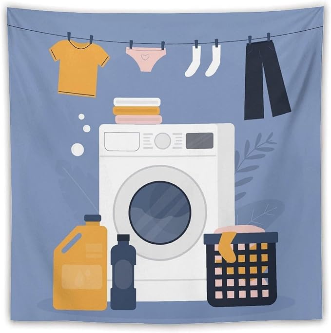 ZhiRain Laundry Room Tapestry Wall Hanging Simple Drawn Wash Dry Fold Repeat Tapestries Home Decor for Living Room Bedroom Farmhouse Apartment Dorm 60"x60"