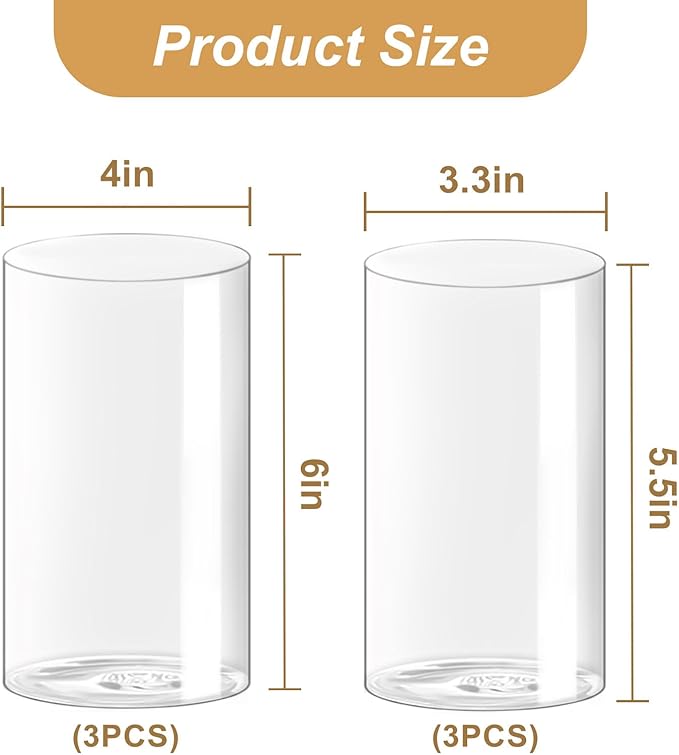 Hurricane Candle Holder,Open Ended Glass Candleholder Multiple Size Choices,Clear Cylinder Glass Candle Holder for Wedding Centerpieces(6 PCS,3 PCS H:6" D:4",3PCS H:5.5" D:3.3")