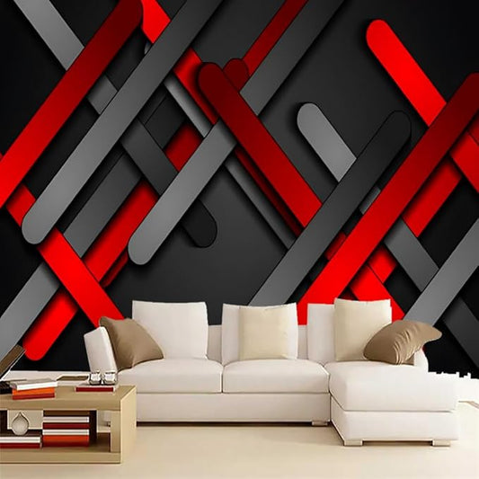 GeRRiT Red and Black Stripes Custom Mural, Geometric Background Waterproof Durable Wrinkle Free Space Decor Art Large Murals for Living Room Tv Sofa Background Wall Sticker Decor,116""W x91""H